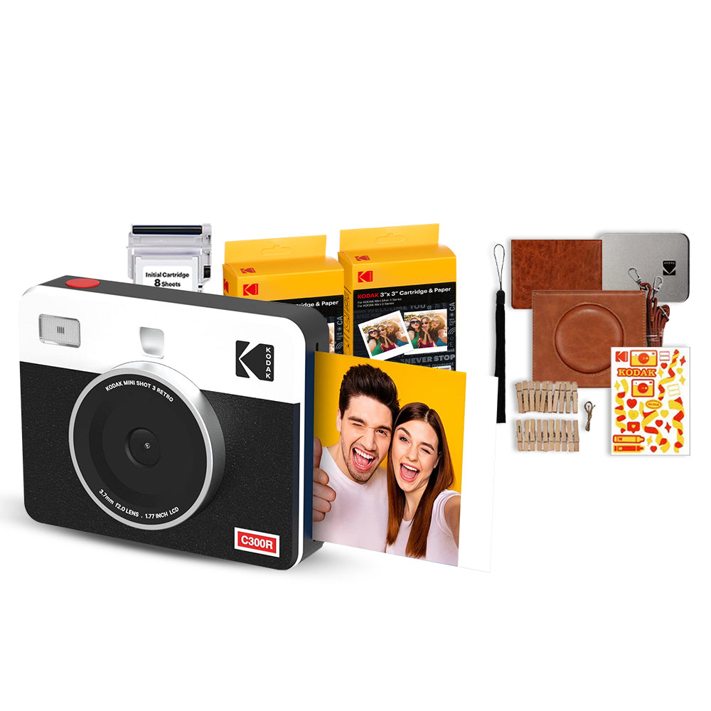 KODAK Mini Shot 3 RETRO 2 in 1 Instant Camera and Photo Printer Kit Bundle 3" x 3" Prints, 8 + 60 Sheets with Accessories, 1.77" LCD Display, 4PASS Print Technology, Bluetooth Printing via Mobile Smartphone App | C300R