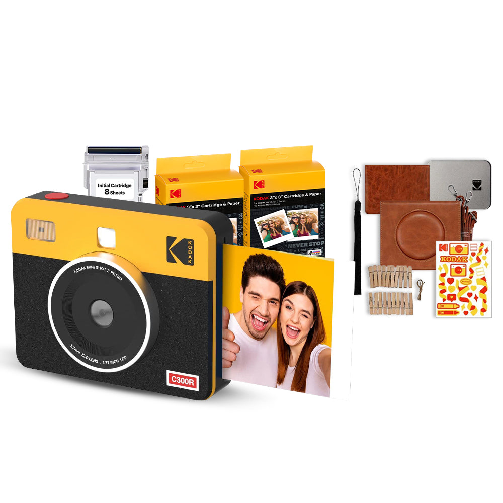 KODAK Mini Shot 3 RETRO 2 in 1 Instant Camera and Photo Printer Kit Bundle 3" x 3" Prints, 8 + 60 Sheets with Accessories, 1.77" LCD Display, 4PASS Print Technology, Bluetooth Printing via Mobile Smartphone App | C300R