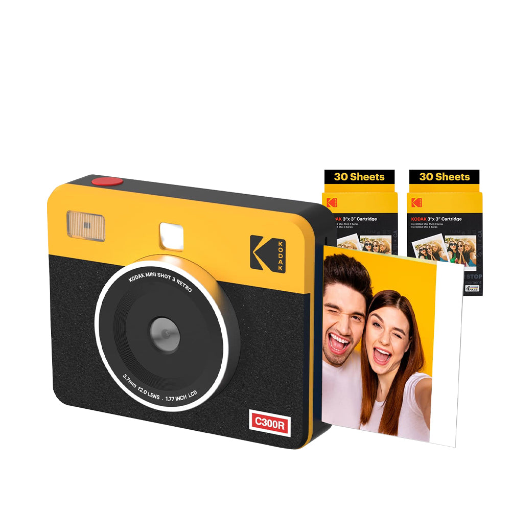 KODAK Mini Shot 3 RETRO 2 in 1 Instant Camera and Photo Printer Kit Bundle 3" x 3" Prints, 8 + 60 Sheets with Accessories, 1.77" LCD Display, 4PASS Print Technology, Bluetooth Printing via Mobile Smartphone App | C300R
