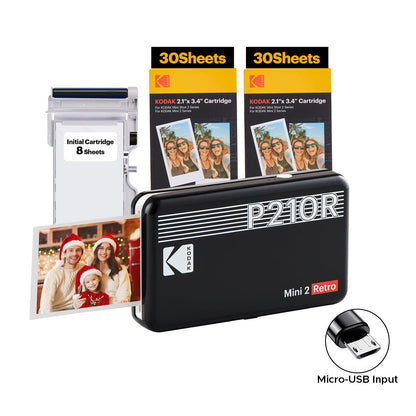 KODAK Mini 2 RETRO Portable Bluetooth NFC Wireless 620mAh Photo Printer Bundle Kit with 68 Film Sheets and Accessories, 2.1" x 3.4" Prints 4PASS Print, Bordered / Borderless Printing, Smartphone App Support (Yellow, Black, White) | P210R