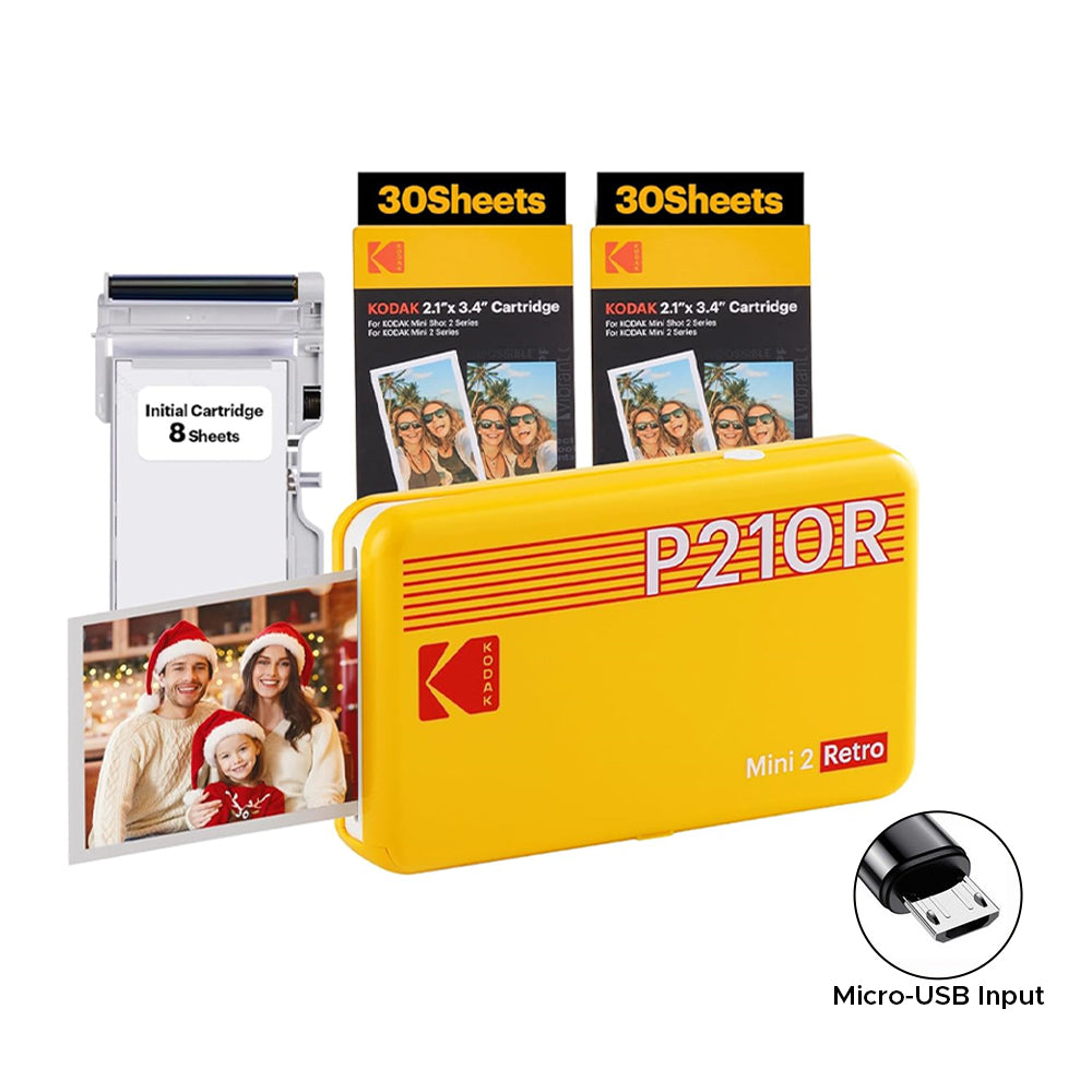 KODAK Mini 2 RETRO Portable Bluetooth NFC Wireless 620mAh Photo Printer Bundle Kit with 68 Film Sheets and Accessories, 2.1" x 3.4" Prints 4PASS Print, Bordered / Borderless Printing, Smartphone App Support (Yellow, Black, White) | P210R