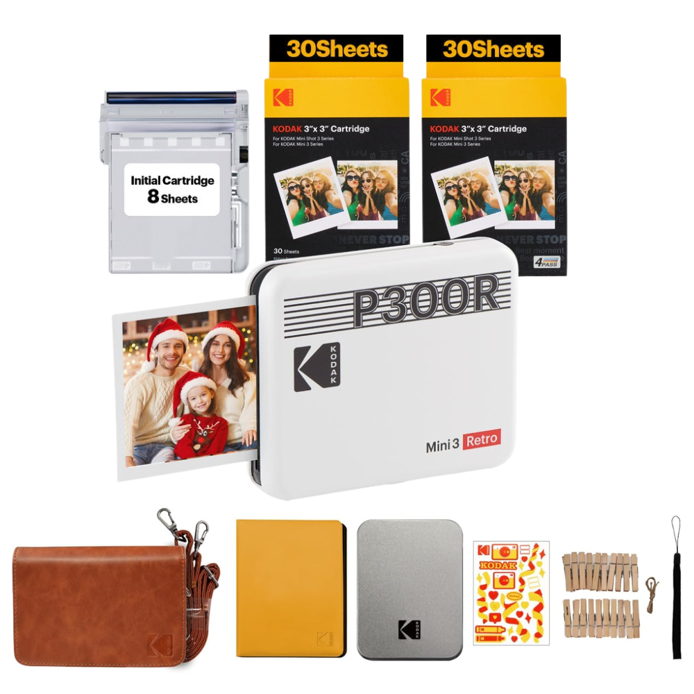 KODAK Mini 3 RETRO Portable Bluetooth NFC Wireless 620mAh Photo Printer Bundle Kit with 68 Film Sheets and Accessories, 3" x 3" Prints, 4PASS Print Technology, Bordered / Borderless Printing and Mobile Smartphone App Support (P300R) | Yellow, Black, White