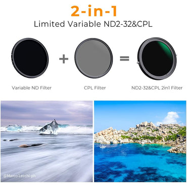 K&F Concept Nano X Series ND2-ND32 Variable Neutral Density + Polarizing (ND + CPL) Optical Lens Filter Waterproof UHD MRC 28-Layer Nano-Coated for Camera Lens | 46mm