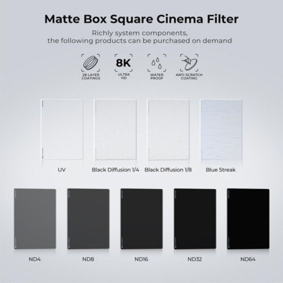 K&F Concept 4 x 5.65" Matte Box Cinema Camera Square Filter with Protective Leather Carry Storage Pouch - Choose from Black Mist 1/4, Black Mist 1/8, Blue Streak, MCUV, ND64, ND32, ND16, ND8