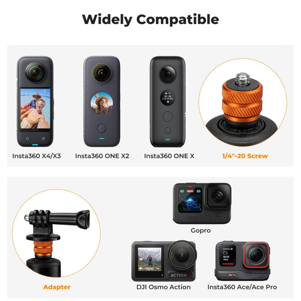 K&F Concept MS21 Invisible Tripod Selfie Stick 47" / 120cm Max Height, 2-in-1 Aluminum Design, 6-Section Adjustable Length, 1/4"-20 Screw and GoPro Adapter Mount for Hero 13/12/11, Insta360 X5/X4/X3/X2, DJI Osmo Action Cameras | JG Superstore