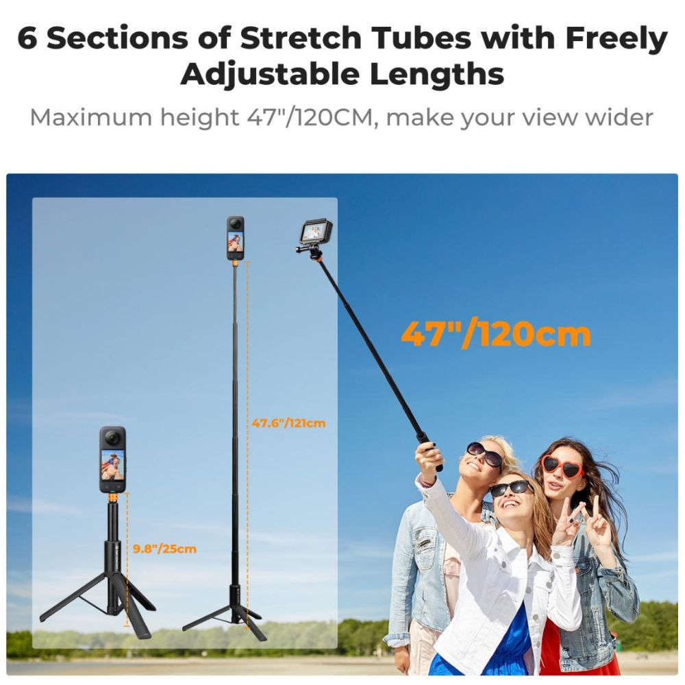 K&F Concept MS21 Invisible Tripod Selfie Stick 47" / 120cm Max Height, 2-in-1 Aluminum Design, 6-Section Adjustable Length, 1/4"-20 Screw and GoPro Adapter Mount for Hero 13/12/11, Insta360 X5/X4/X3/X2, DJI Osmo Action Cameras | JG Superstore