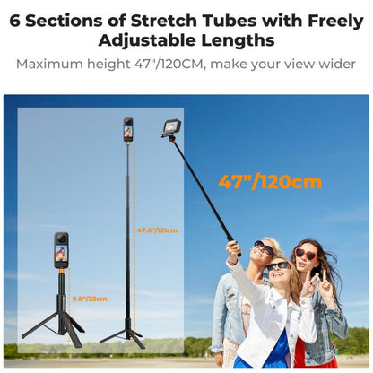 K&F Concept MS21 Invisible Tripod Selfie Stick 47" / 120cm Max Height, 2-in-1 Aluminum Design, 6-Section Adjustable Length, 1/4"-20 Screw and GoPro Adapter Mount for Hero 13/12/11, Insta360 X5/X4/X3/X2, DJI Osmo Action Cameras | JG Superstore