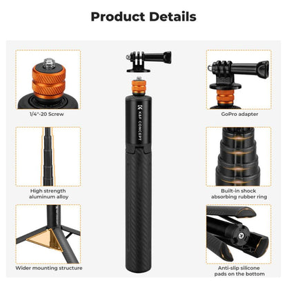 K&F Concept MS21 Invisible Tripod Selfie Stick 47" / 120cm Max Height, 2-in-1 Aluminum Design, 6-Section Adjustable Length, 1/4"-20 Screw and GoPro Adapter Mount for Hero 13/12/11, Insta360 X5/X4/X3/X2, DJI Osmo Action Cameras | JG Superstore