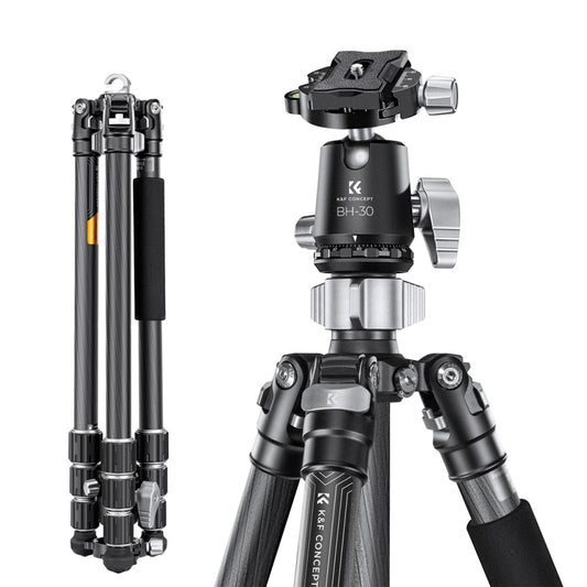 K&F Concept BH-30 Carbon Fiber Tripod with Monopod Function, Quick Release Plate, 30mm Metal Ball Head, 170cm Max Height, 12kg Payload Capacity for Digital Camera, Camcorder, Clip Phone Holder, Video Fill Light, Photography | KF09-116