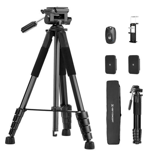 K&F Concept S255A3+BV01 (190cm) 3-Way Pan/Tilt Head Aluminum Tripod with 2-in-1 Tablet + Smartphone Holder & Bluetooth Remote for Cameras, Studio Lightning, Photography, Vlogging & Live Streaming