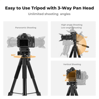 K&F Concept 173cm 3-Way Pan/Tilt Head Aluminum Tripod with 2-in-1 Tablet + Smartphone Holder & Bluetooth Remote, 360° Ball Head, Pentagol Tube Design for Cameras, Studio Lighting, Photography, Vlogging & Live Streaming