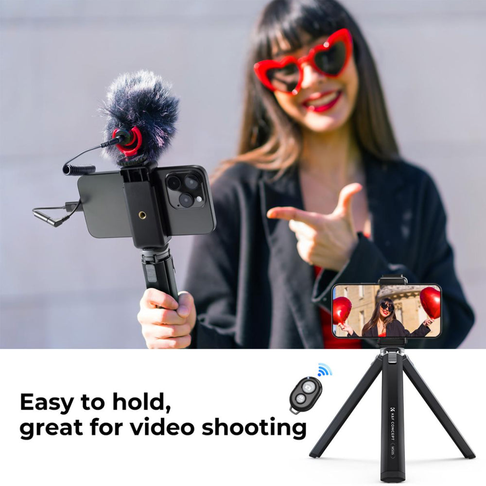 K&F Concept MS05 8" 2-Stop Adjustable Compact Tripod Grip with Mobile Phone Clip Holder, Bluetooth Remote Control, 1/4" Attachment Thread for Digital Camera, Smartphones, Video Fill Light, Camcorder, Gimbal Stabilizer, GoPro, Insta360, DJI