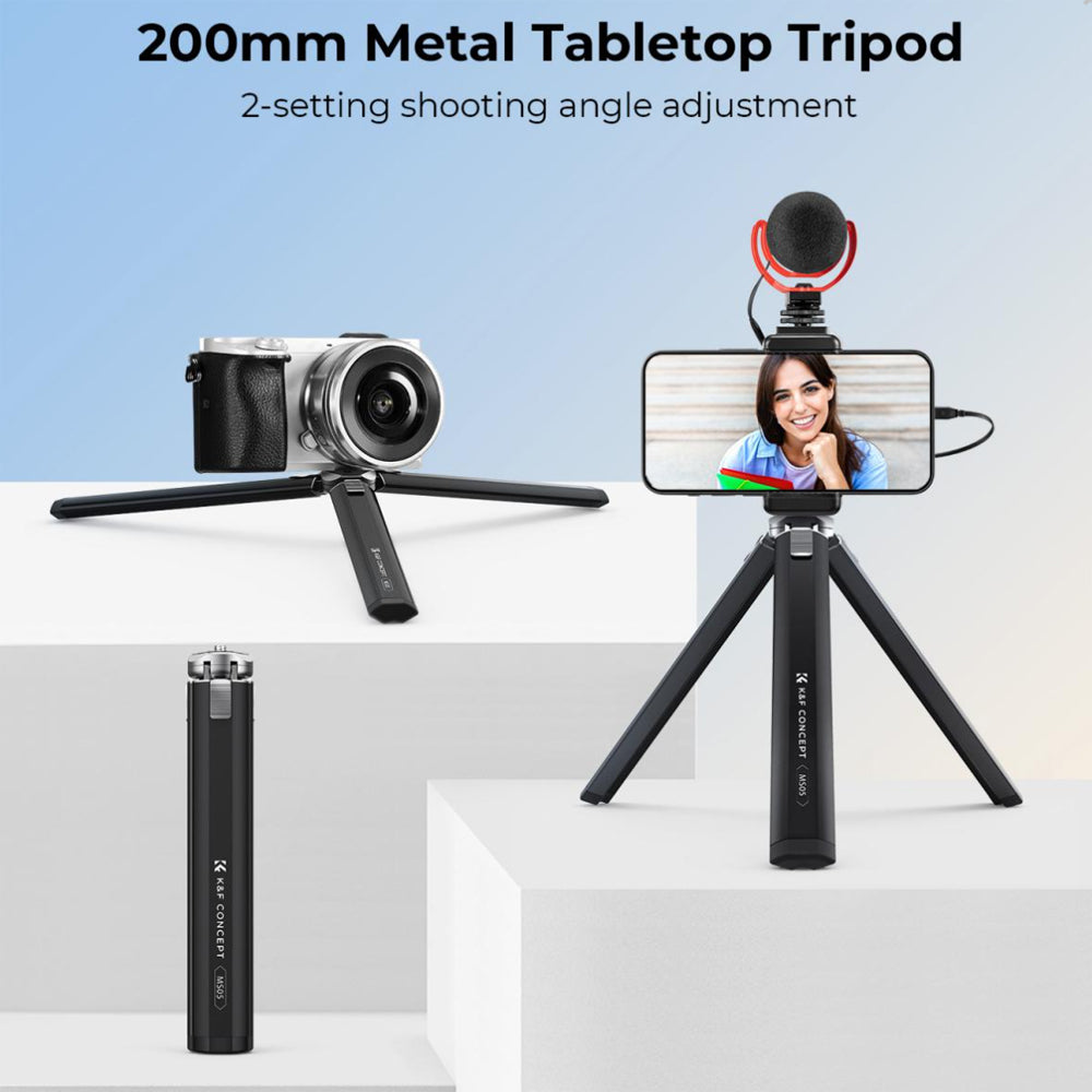 K&F Concept MS05 8" 2-Stop Adjustable Compact Tripod Grip with Mobile Phone Clip Holder, Bluetooth Remote Control, 1/4" Attachment Thread for Digital Camera, Smartphones, Video Fill Light, Camcorder, Gimbal Stabilizer, GoPro, Insta360, DJI