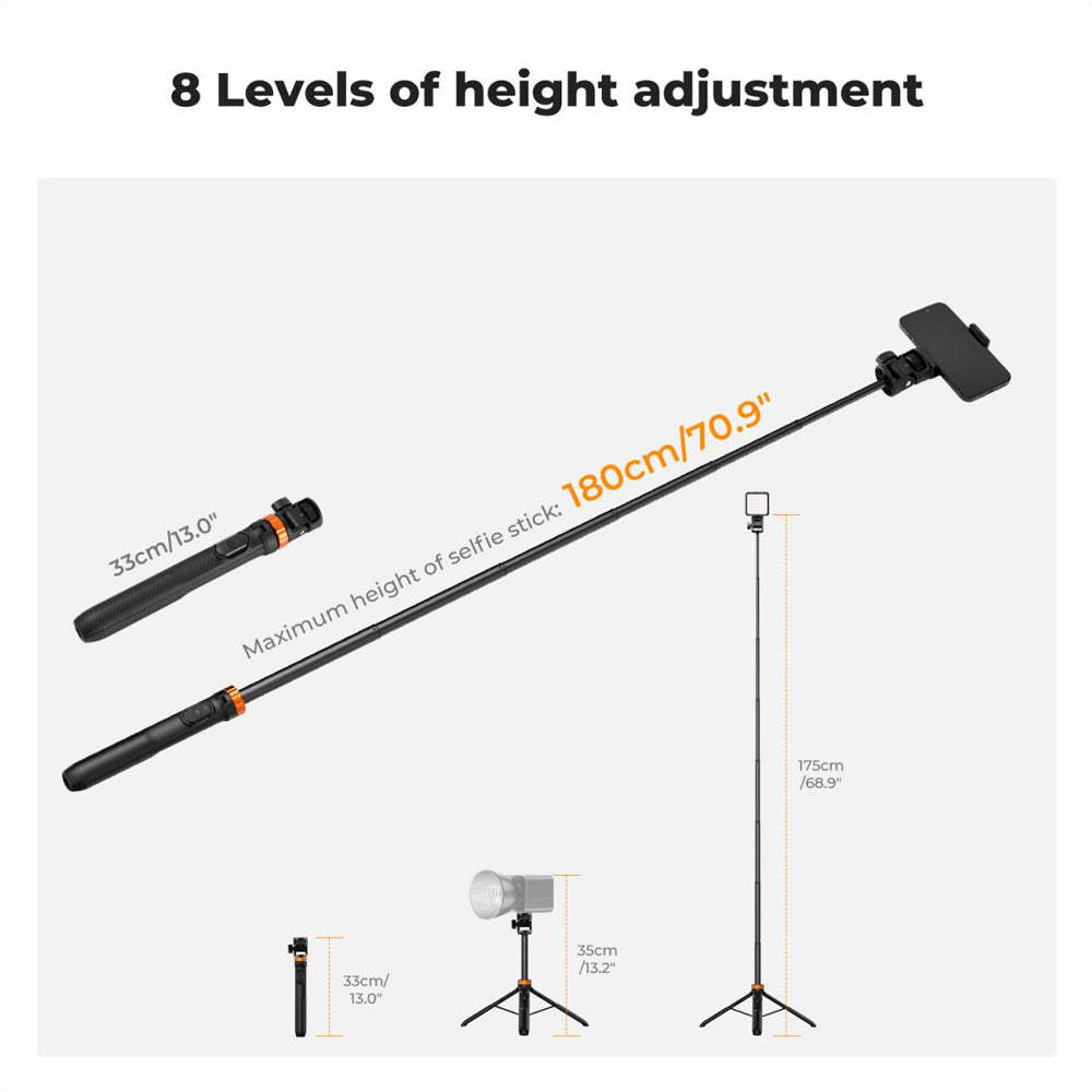 K&F Concept MS24 (175cm) Portable Selfie Stick Tripod with Bluetooth Remote, Smartphone Holder & Action Camera Mount Adapter for Cameras, Studio Lightning, Photography, Vlogging & Live Streaming