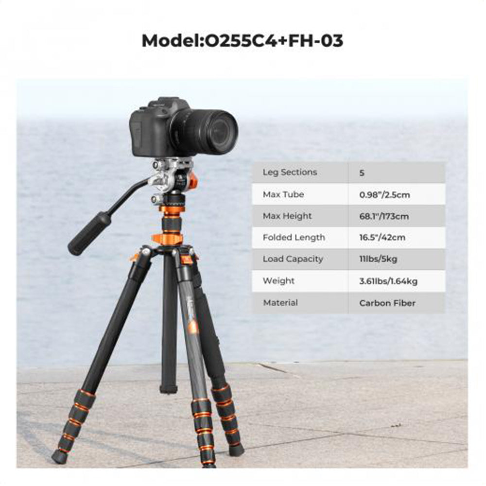 K&F Concept 173cm Ball / Fluid Head Carbon Fiber Tripod with Arca-Swiss Quick Release Plate, Detachable Monopod & 2-in-1 Tablet + Smartphone Holder for Cameras, Studio Lighting, Photography, Vlogging & Live Streaming