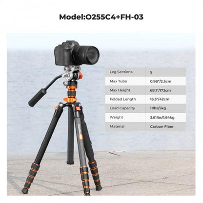 K&F Concept 173cm Ball / Fluid Head Carbon Fiber Tripod with Arca-Swiss Quick Release Plate, Detachable Monopod & 2-in-1 Tablet + Smartphone Holder for Cameras, Studio Lighting, Photography, Vlogging & Live Streaming