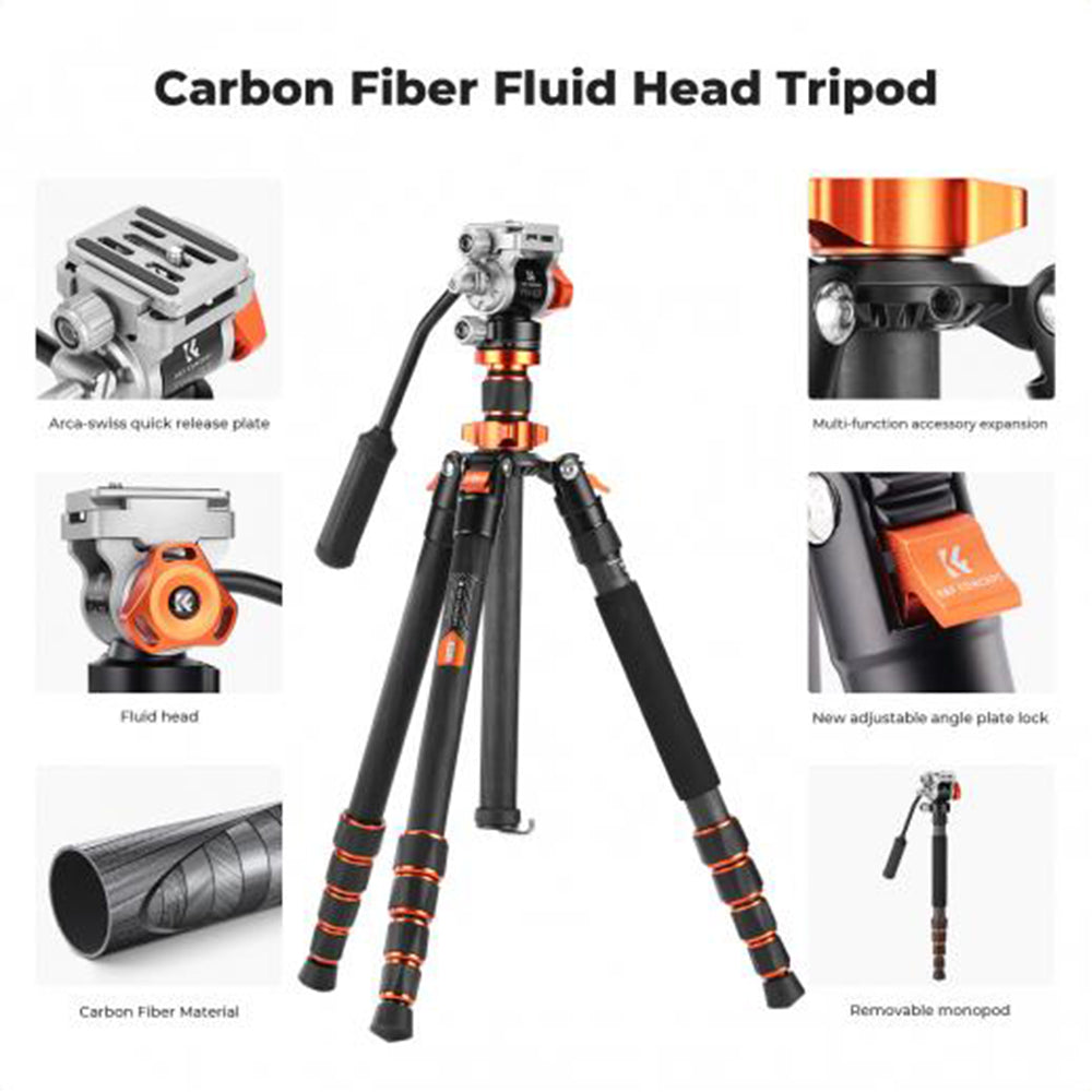 K&F Concept 173cm Ball / Fluid Head Carbon Fiber Tripod with Arca-Swiss Quick Release Plate, Detachable Monopod & 2-in-1 Tablet + Smartphone Holder for Cameras, Studio Lighting, Photography, Vlogging & Live Streaming