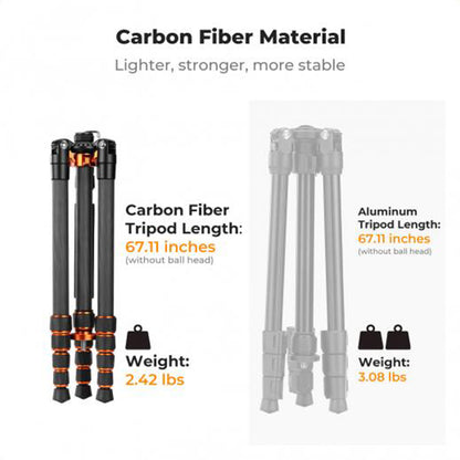 K&F Concept 173cm Ball / Fluid Head Carbon Fiber Tripod with Arca-Swiss Quick Release Plate, Detachable Monopod & 2-in-1 Tablet + Smartphone Holder for Cameras, Studio Lighting, Photography, Vlogging & Live Streaming