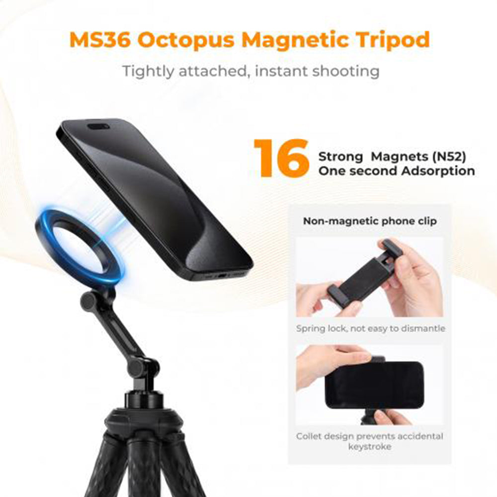 K&F Concept MS29 MS36 Extendable Flexible Octopus Tripod + Remote with MagSafe Magnetic Holder for Smartphones, Mirrorless and Action Cameras | KF09-152 KF09-164