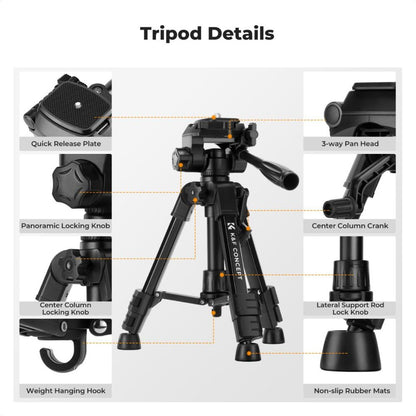 K&F Concept S233A0 Mini Desk Tripod w/ 25" Max Height, 4kg Load Capacity, Universal 1/4" Screw, 3-Way Pan Head & Remote Control Aluminum Tabletop Portable Travel Tripod for DSLR Cameras, Camcorders, Smartphones, Potography & Spotting Scopes