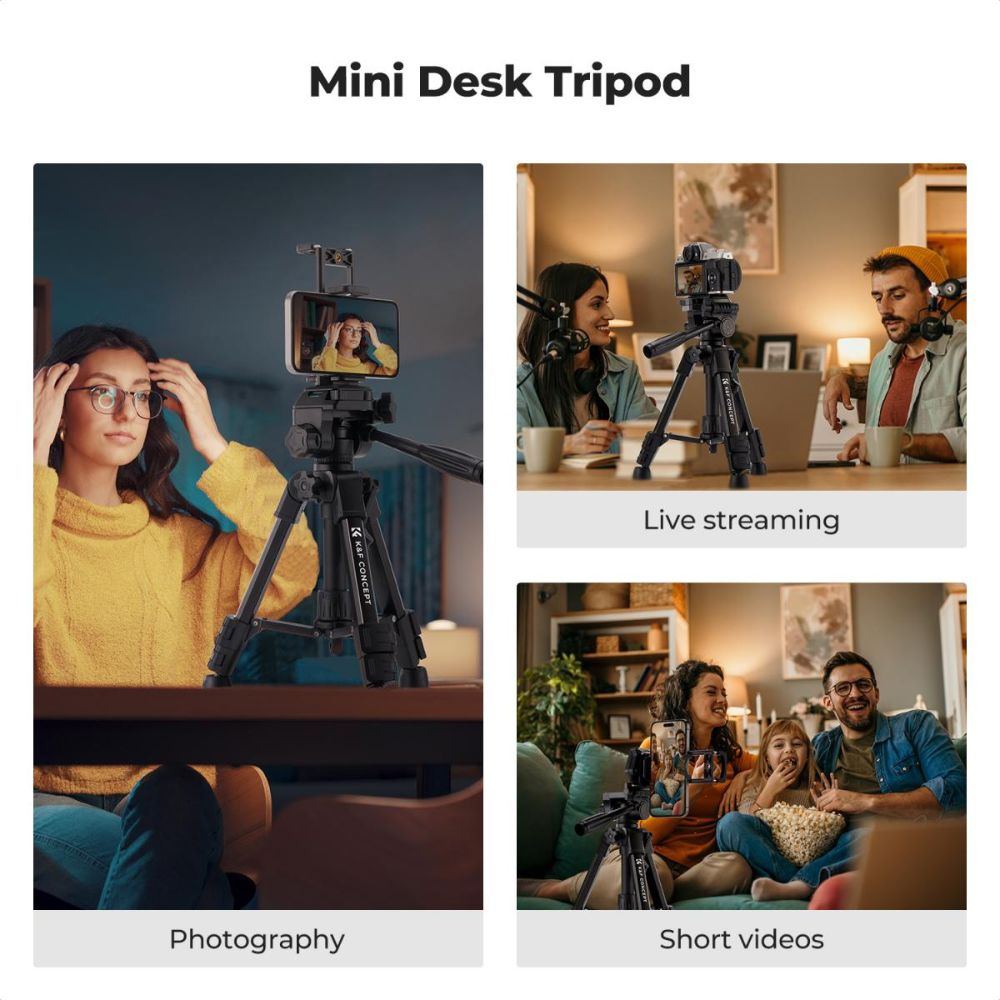 K&F Concept S233A0 Mini Desk Tripod w/ 25" Max Height, 4kg Load Capacity, Universal 1/4" Screw, 3-Way Pan Head & Remote Control Aluminum Tabletop Portable Travel Tripod for DSLR Cameras, Camcorders, Smartphones, Potography & Spotting Scopes