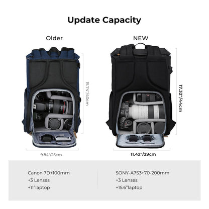K&F Concept 20L Camera Electronics Backpack with 15 Inch Laptop Compartment, Built-In Waterproof Rain Cover for Drones, Lens, Tripod, DSLR/SLR, Mirrorless Camera & Accessories (Blue, Black) | KF13-066V10 KF13-066V12