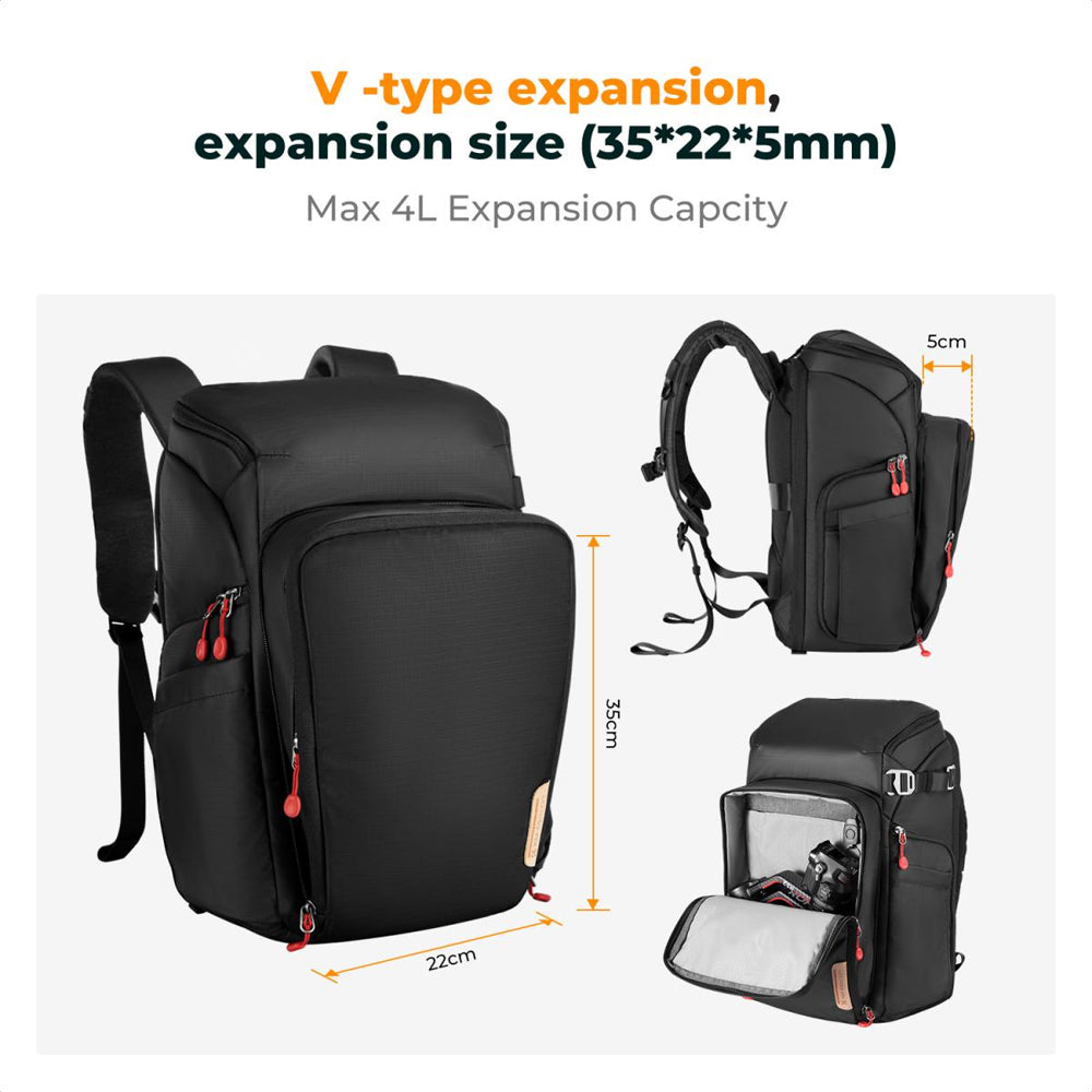 K&F Concept 25L Camera Backpack with 16" Laptop Compartment, Expandable Up to 4L, Quickdraw Dual Compartment, Rain Cover for Sony Fujifilm Canon Nikon Lumix DJI Drone, Lenses, Battery, Speedlite Flash & Photography Accessories Storage Bag