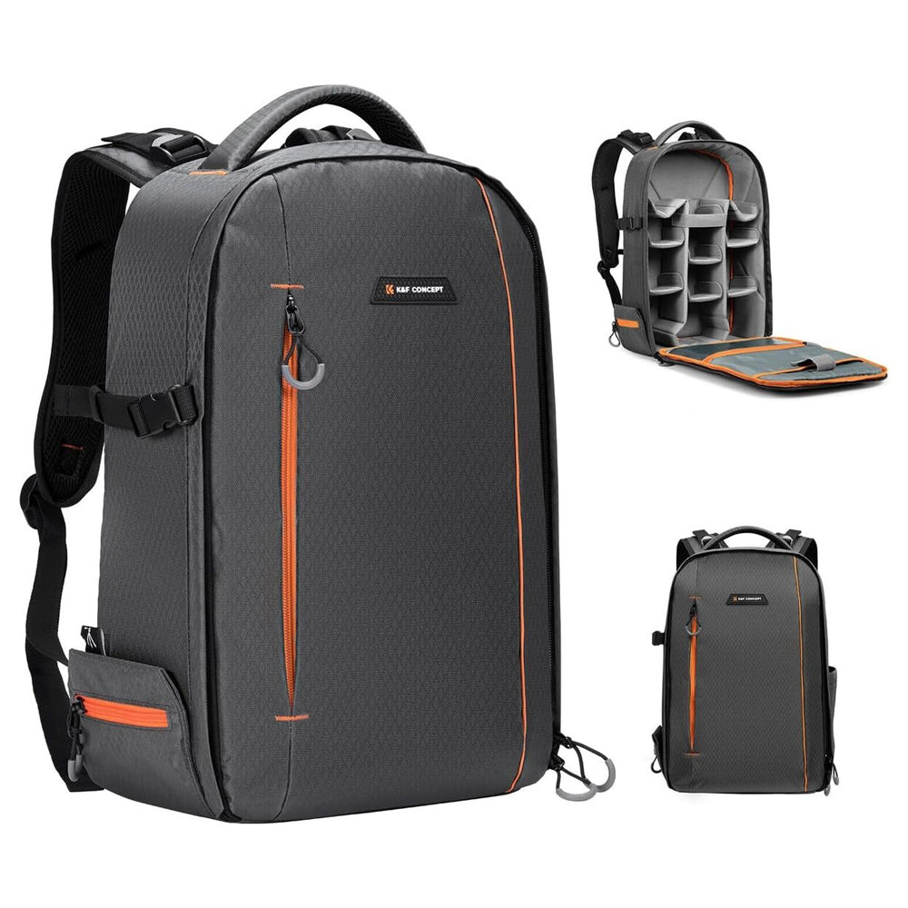 K&F Concept 18L Nature Wander 05 Waterproof Camera and Drone Backpack Knapsack fits 15.6" Laptop with Padded Dividers, Rain Cover for DSLR / Mirrorless and Other Photography Accessories | Black Orange, Dark Grey