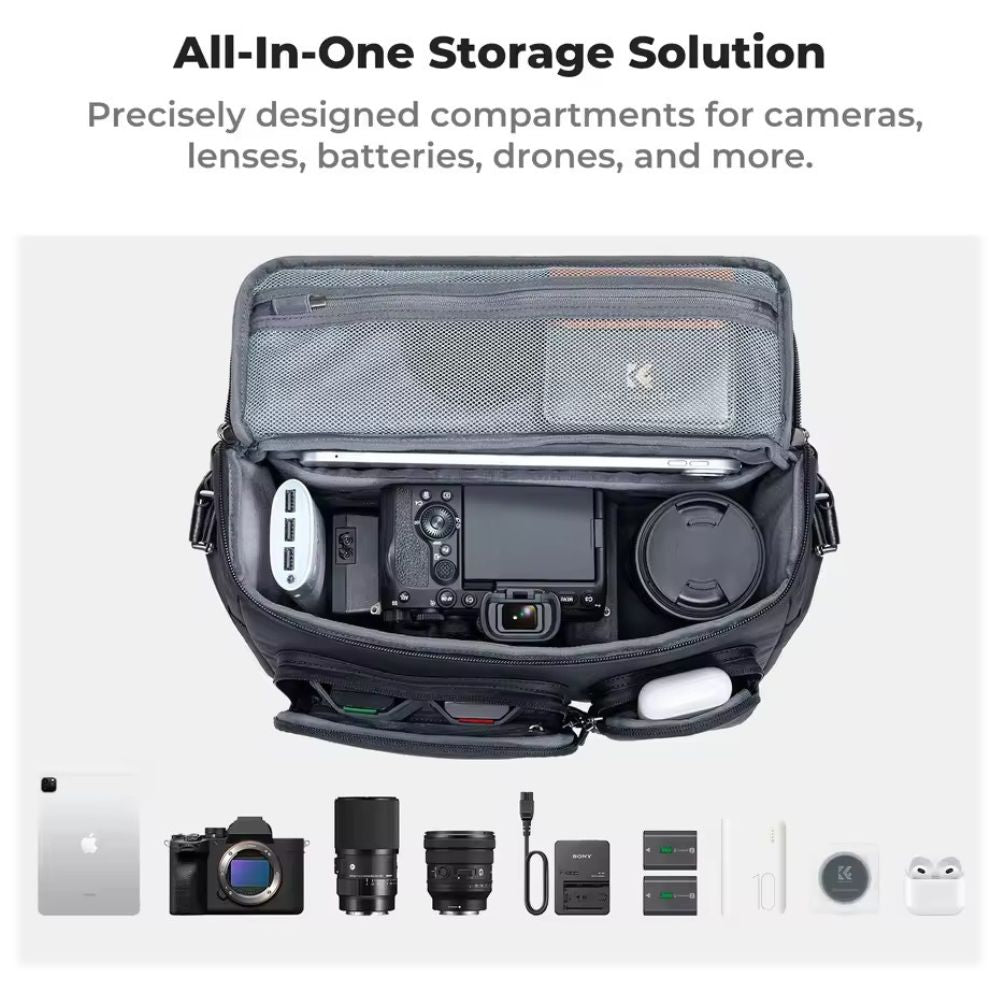 K&F Concept 10L Urban Wander Crossbody Shoulder Sling Camera Bag w/ Magnetic Quick Access, Waterproof Design, Adjustable Dividers, Front and Mesh Pockets for Mirrorless, Lenses, Drones, Action Cameras & Acessories - Travel and Photography