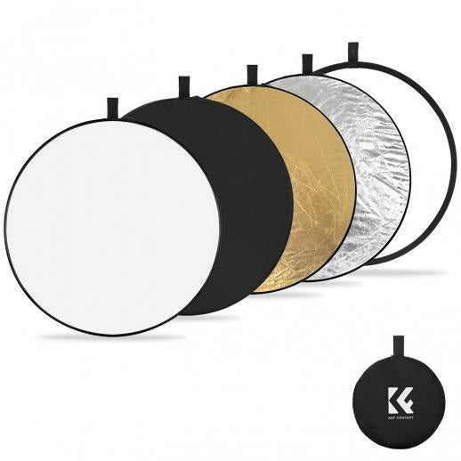 K&F Concept 110cm / 80cm / 60cm / 56cm 5-in-1 Collapsible Photography Circular Reflector with White Translucent Soft Light and Silver, Black, Gold Sided Panel for Portable Outdoor and Indoor Digital Camera Photo Shoot