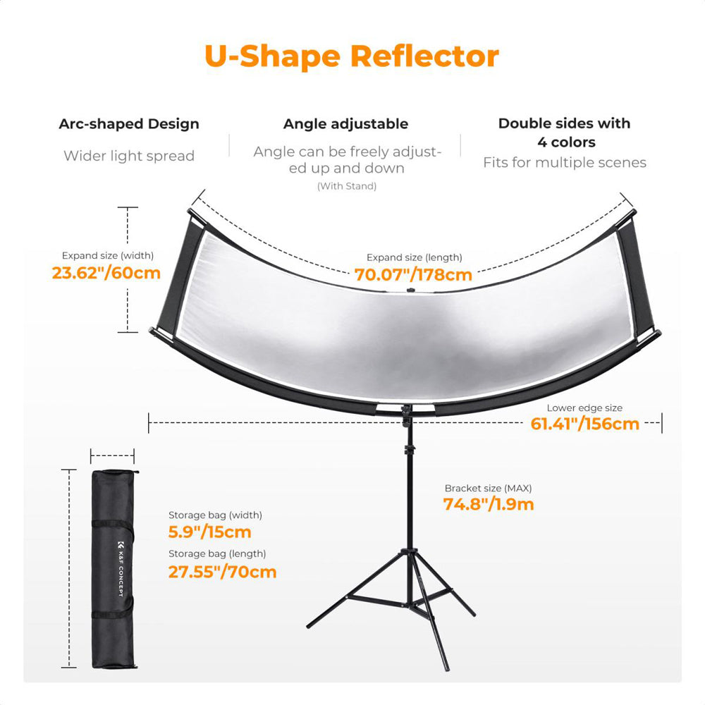 K&F Concept 70" x 25" Curved U-Shape Light Diffusion Reflector Stand Kit with Double-Sided Multiple Reflective Color Effects, 180° Adjustable Angle and Tool-Free Installation | KF18-0012