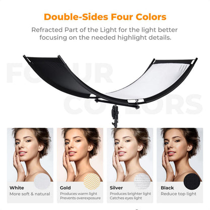 K&F Concept 70" x 25" Curved U-Shape Light Diffusion Reflector Stand Kit with Double-Sided Multiple Reflective Color Effects, 180° Adjustable Angle and Tool-Free Installation | KF18-0012