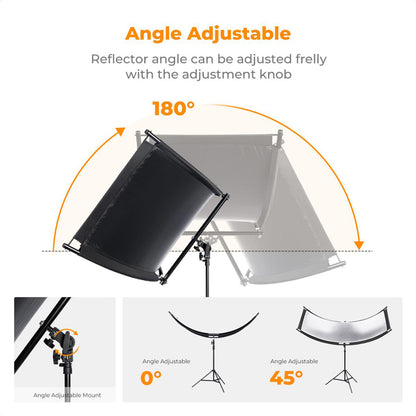 K&F Concept 70" x 25" Curved U-Shape Light Diffusion Reflector Stand Kit with Double-Sided Multiple Reflective Color Effects, 180° Adjustable Angle and Tool-Free Installation | KF18-0012