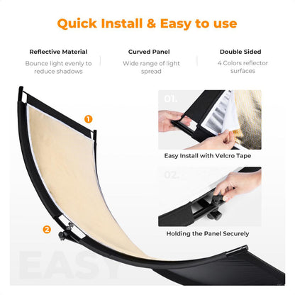 K&F Concept 70" x 25" Curved U-Shape Light Diffusion Reflector Stand Kit with Double-Sided Multiple Reflective Color Effects, 180° Adjustable Angle and Tool-Free Installation | KF18-0012