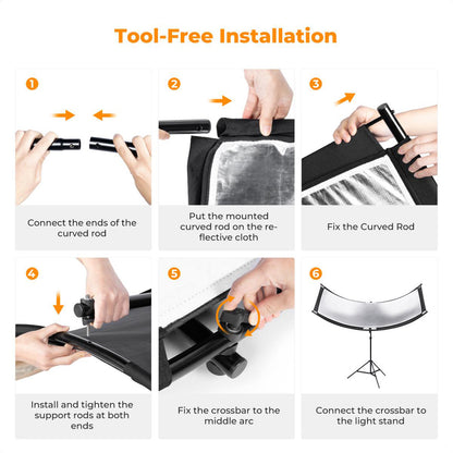 K&F Concept 70" x 25" Curved U-Shape Light Diffusion Reflector Stand Kit with Double-Sided Multiple Reflective Color Effects, 180° Adjustable Angle and Tool-Free Installation | KF18-0012