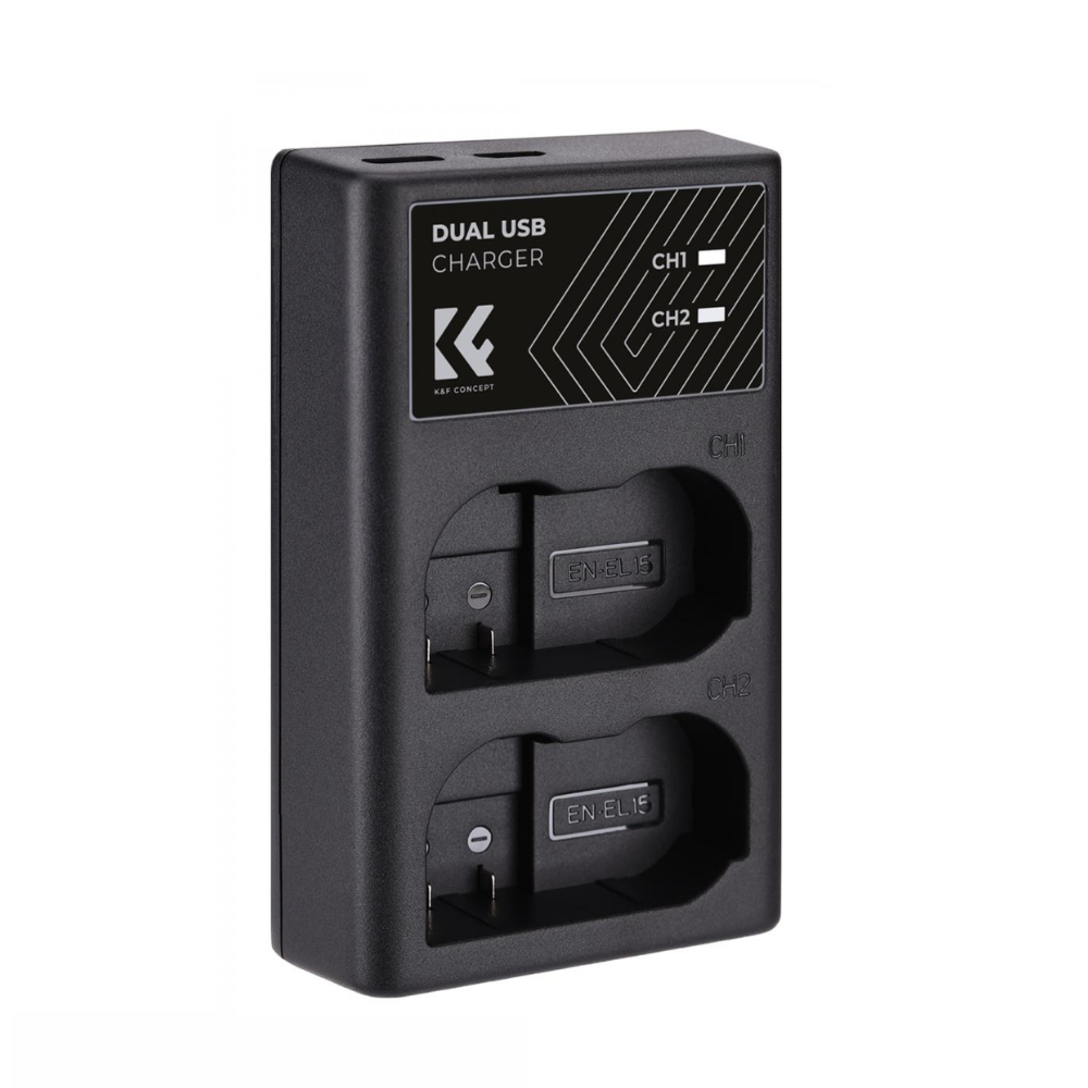 K&F Concept EN-EL15 Battery and Dual Charger Kit with (2-Pack) 7.4V 2100mAh Batteries Micro USB and Type C Charging Port for Nikon Z6 Z7 D780 D850 D7500 D810 D810A D800 D800E D750 D610 D600 D500 and Other Cameras | ENEL15 EN EL15