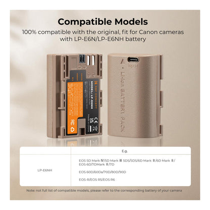 K&F Concept LP-E6NH Rechargeable Li-ion Battery Pack 2250mAh 7.2V with USB Type C Direct Charging Function for Canon EOS 90D/80D/70D/5D Mark II, III, IV/5DS SR/6D/6D Mark II DSLR Camera (1 Pack) | KF28-0022