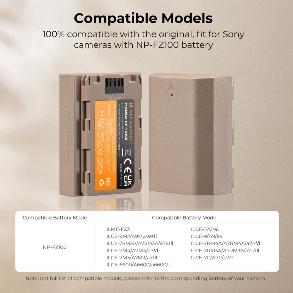 K&F Concept NP-FZ100 Rechargeable Replacement Li-ion Battery Pack 2280mAh 7.2V with USB Type C Direct Charging for Sony Alpha, A9, A7III, A7RIII, A7RIV, A6600, ZV-E1, FX3, FX30 Mirrorless Camera (1 Pack / 2 Pack) | KF28-0023 KF28-0023S1