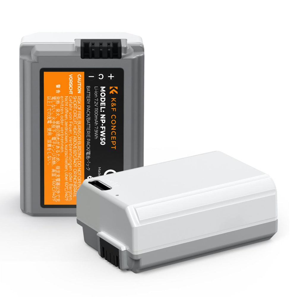 K&F Concept NP-FW50 Battery Pack Li-Ion 7.2V 1100mAh with USB Type-C Connector Direct Charging for Selected SONY Digital Camera ZV-E10, Alpha 7, A7, A7II, A7RII, A7SII, A7S, A7S2, A7R, A7R2, A5000,A6000, A6500, A6300, NEX-3, NEX-5, etc.