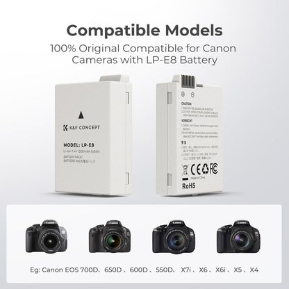 K&F Concept (2-Pack) LP-E8 LPE8 Battery and Dual USB Charger Kit for Canon EOS 700D 650D 550D X7i X6i X5 Camera with Micro USB and Type C Port