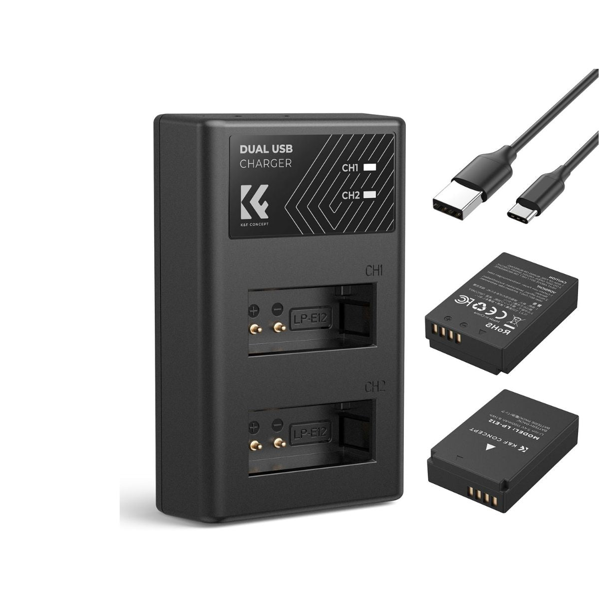 K&F Concept LP-E12 LPE12 Battery and Charger Kit with 1100mAh Capacity, Micro and USB C Port for Canon EOS M M2 M10 M50 M100 M200 M50 Mark II Mirrorless / EOS 100D DSLR / Powershot SX70 HS Cameras | 2-Pack / 3-Pack Options