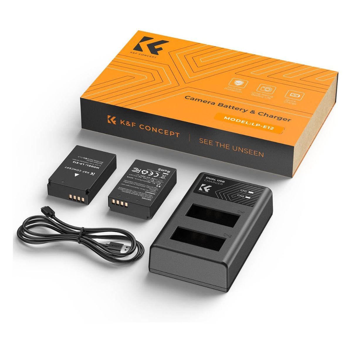 K&F Concept (2-Pack) LP-E12 LPE12 Battery and Dual USB Charger Kit for Canon M2 M200 M50 M100 M10 100D Camera with Micro USB and Type C Port