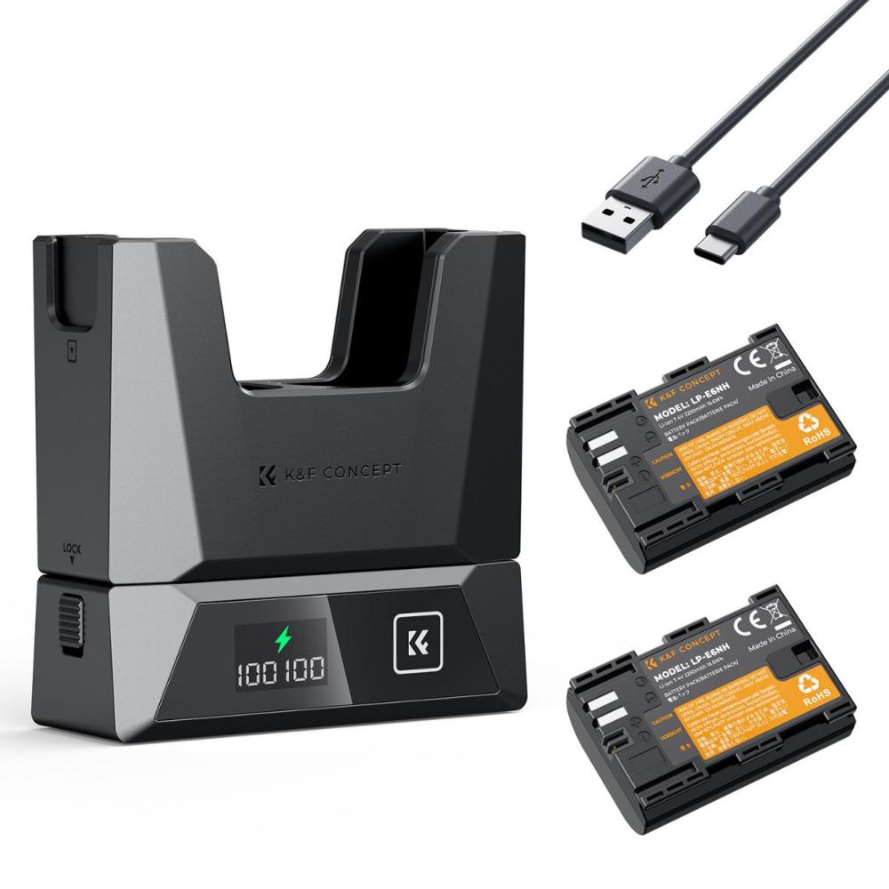 K&F Concept LP-E6 / LP-E6N / LP-E6NH 2-Pack 2600mAh Camera Batteries with Dual-Slot Detachable PD 18W Fast Charger Kit with LED Display, USB C Charging Cable and Port, SD Card Storage for Selected Canon Mirrrorless, DSLR Cameras and Camcorders