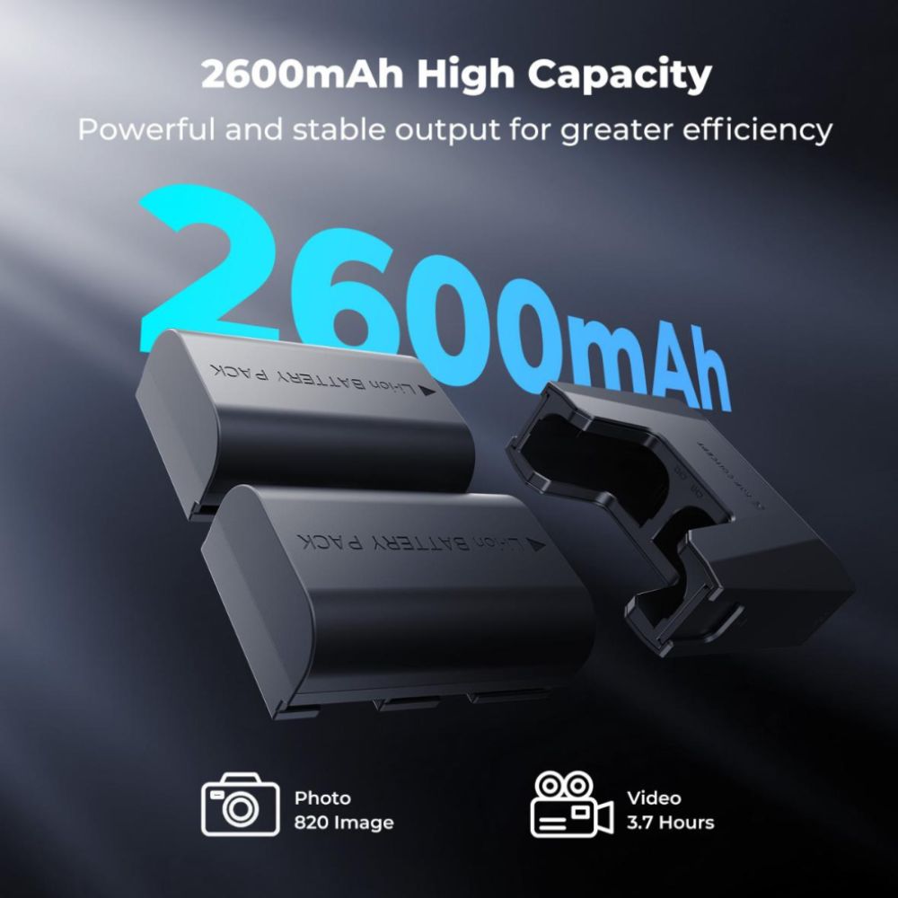 K&F Concept LP-E6 / LP-E6N / LP-E6NH 2-Pack 2600mAh Camera Batteries with Dual-Slot Detachable PD 18W Fast Charger Kit with LED Display, USB C Charging Cable and Port, SD Card Storage for Selected Canon Mirrrorless, DSLR Cameras and Camcorders