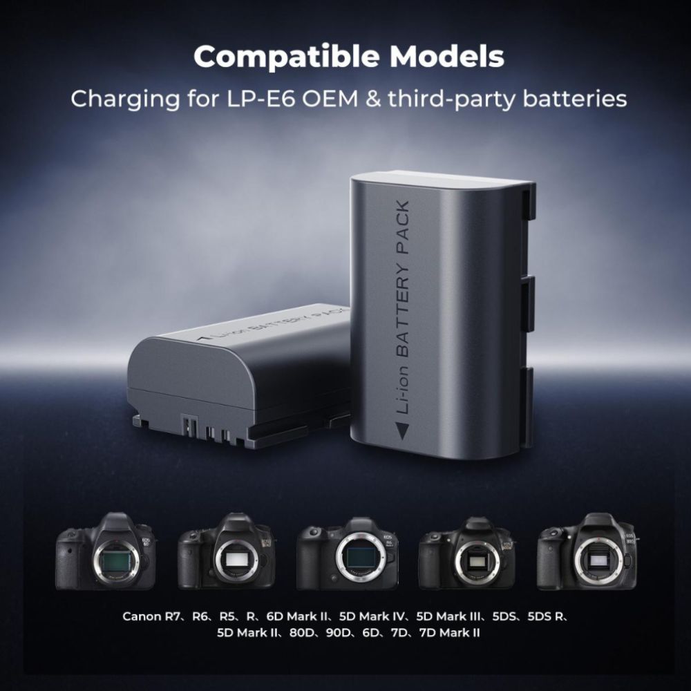 K&F Concept LP-E6 / LP-E6N / LP-E6NH 2-Pack 2600mAh Camera Batteries with Dual-Slot Detachable PD 18W Fast Charger Kit with LED Display, USB C Charging Cable and Port, SD Card Storage for Selected Canon Mirrrorless, DSLR Cameras and Camcorders