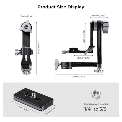 K&F Concept Aluminum Cantilever Tripod Head with 1/4" Arca-Type Quick Release Plate, 20kg/44lbs Load Capacity, 180° Pitch Shooting Angle for DSLR/SLR, Mirrorless Camera | Photography Equipment
