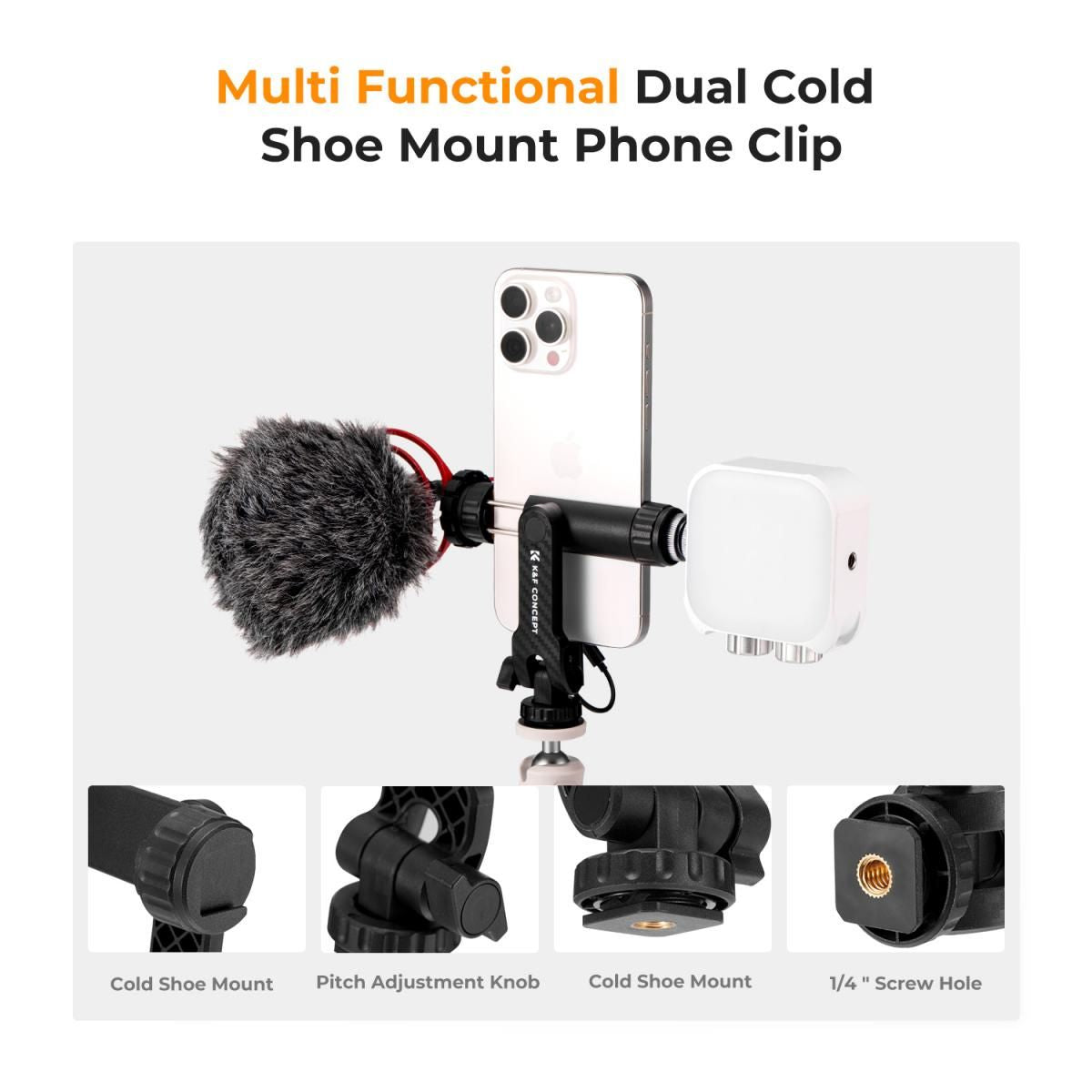 K&F Concept Tripod Mount Phone Holder for iPhone & Android Smartphones with Dual Cold Shoe for LED Fill Lights, Microphones, and Camera Accessories