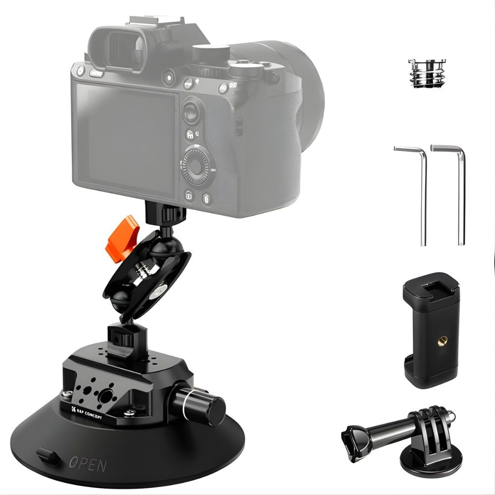 K&F Concept Vacuum Suction Cup Mount w/ 360° Ball Head, 1/4" & 3/8" Screws for Phones & Action Cam