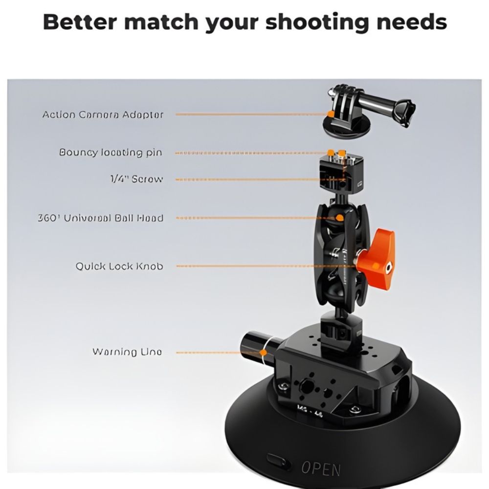 K&F Concept Vacuum Suction Cup Mount w/ 360° Ball Head, 1/4" & 3/8" Screws for Phones & Action Cam