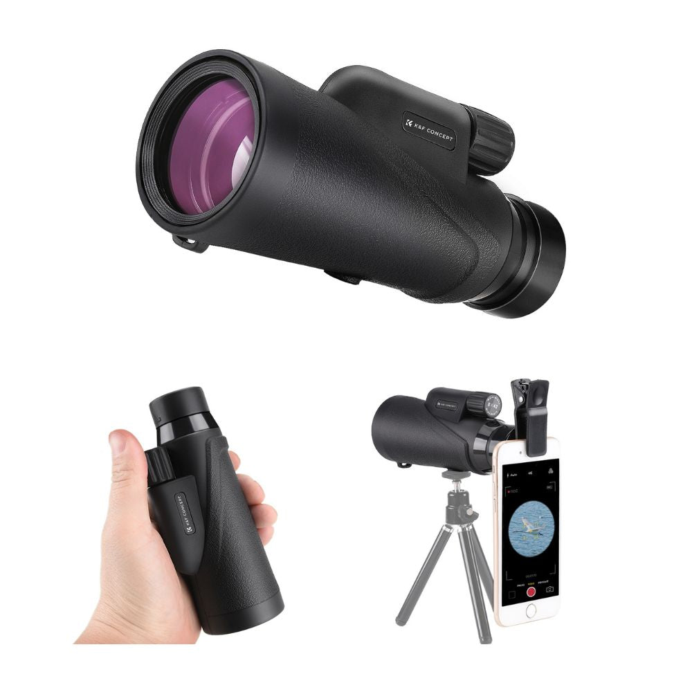 K&F Concept 8x42 HD Portable Wide Angle Waterproof Monocular Telescope with Multi-Coated BAK-4 Prism Lens, Mobile Phone Holder, Mini Tripod, Lanyard and Easy Focus for Outdoor Sports Hunting Hiking Camping Travel Photography - Black